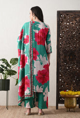 Green Floral Pure Muslin Suit- Set of 3
