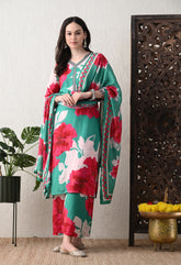 Green Floral Pure Muslin Suit- Set of 3