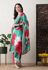 Green Floral Pure Muslin Suit- Set of 3