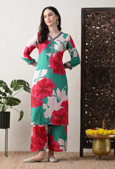 Green Floral Pure Muslin Suit- Set of 3
