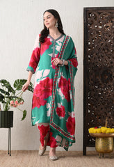 Green Floral Pure Muslin Suit- Set of 3