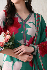 Green Floral Pure Muslin Suit- Set of 3