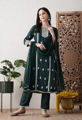 Bottle Green Embroidered Crepe Pakistani Suit - Set of 3
