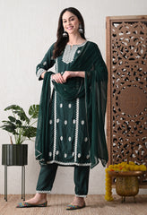 Bottle Green Embroidered Crepe Pakistani Suit - Set of 3