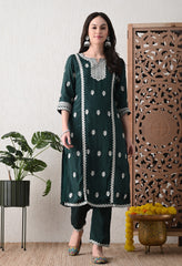 Bottle Green Embroidered Crepe Pakistani Suit - Set of 3