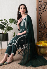 Bottle Green Embroidered Crepe Pakistani Suit - Set of 3