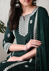 Bottle Green Embroidered Crepe Pakistani Suit - Set of 3