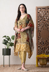 Brown Chinon Digital Print Kaftan with Tulip Pants and Potli - Set of 3