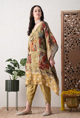 Brown Chinon Digital Print Kaftan with Tulip Pants and Potli - Set of 3