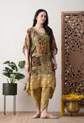 Brown Chinon Digital Print Kaftan with Tulip Pants and Potli - Set of 3