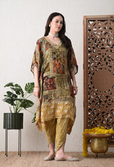 Brown Chinon Digital Print Kaftan with Tulip Pants and Potli - Set of 3