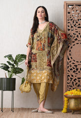 Brown Chinon Digital Print Kaftan with Tulip Pants and Potli - Set of 3