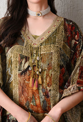 Brown Chinon Digital Print Kaftan with Tulip Pants and Potli - Set of 3