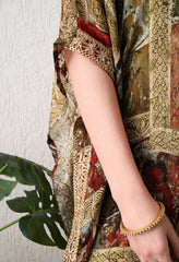 Brown Chinon Digital Print Kaftan with Tulip Pants and Potli - Set of 3
