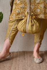 Brown Chinon Digital Print Kaftan with Tulip Pants and Potli - Set of 3