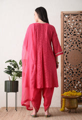 Fuchsia Pink Embroidered Crochet Suit -Set of 3