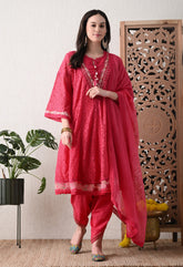 Fuchsia Pink Embroidered Crochet Suit -Set of 3