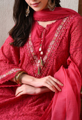 Fuchsia Pink Embroidered Crochet Suit -Set of 3