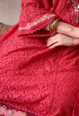 Fuchsia Pink Embroidered Crochet Suit -Set of 3