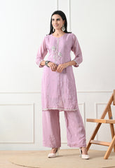 Lavender Tissue Crepe Hand Embroidered Suit- Set of 3