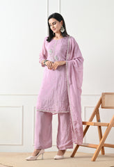 Lavender Tissue Crepe Hand Embroidered Suit- Set of 3