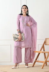 Lavender Tissue Crepe Hand Embroidered Suit- Set of 3