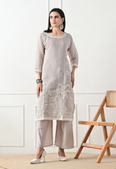 Grey Mul Chanderi Embroidered Suit - Set of 3