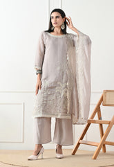 Grey Mul Chanderi Embroidered Suit - Set of 3