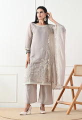 Grey Mul Chanderi Embroidered Suit - Set of 3