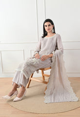 Grey Mul Chanderi Embroidered Suit - Set of 3
