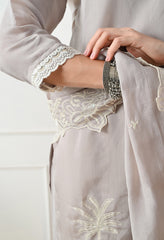 Grey Mul Chanderi Embroidered Suit - Set of 3