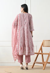 Dusty Rose Chikankari Pure Soft Organza Anarkali Suit- Set of 3