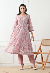 Dusty Rose Chikankari Pure Soft Organza Anarkali Suit- Set of 3