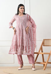 Dusty Rose Chikankari Pure Soft Organza Anarkali Suit- Set of 3