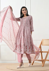Dusty Rose Chikankari Pure Soft Organza Anarkali Suit- Set of 3
