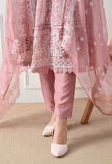 Dusty Rose Chikankari Pure Soft Organza Anarkali Suit- Set of 3