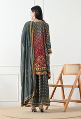 Crepe Grey A-Line Digital Print Gharara Suit - Set of 3