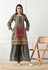 Crepe Grey A-Line Digital Print Gharara Suit - Set of 3