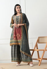 Crepe Grey A-Line Digital Print Gharara Suit - Set of 3