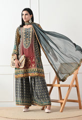 Crepe Grey A-Line Digital Print Gharara Suit - Set of 3