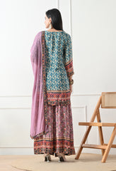 Crepe Turquoise & Lavender Digital Print Gharara Suit - Set of 3
