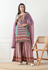 Crepe Turquoise & Lavender Digital Print Gharara Suit - Set of 3