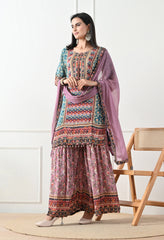 Crepe Turquoise & Lavender Digital Print Gharara Suit - Set of 3