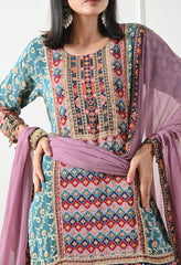 Crepe Turquoise & Lavender Digital Print Gharara Suit - Set of 3