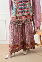 Crepe Turquoise & Lavender Digital Print Gharara Suit - Set of 3