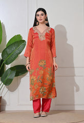 Rust Orange Ombre Tissue Silk Embroidered Suit- Set of 3