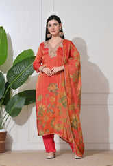Rust Orange Ombre Tissue Silk Embroidered Suit- Set of 3