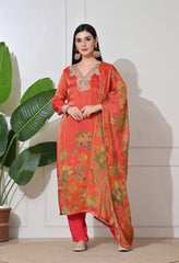 Rust Orange Ombre Tissue Silk Embroidered Suit- Set of 3