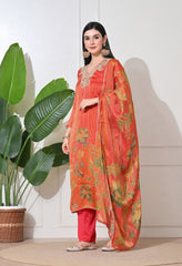 Rust Orange Ombre Tissue Silk Embroidered Suit- Set of 3