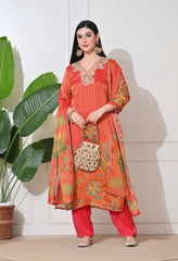 Rust Orange Ombre Tissue Silk Embroidered Suit- Set of 3
